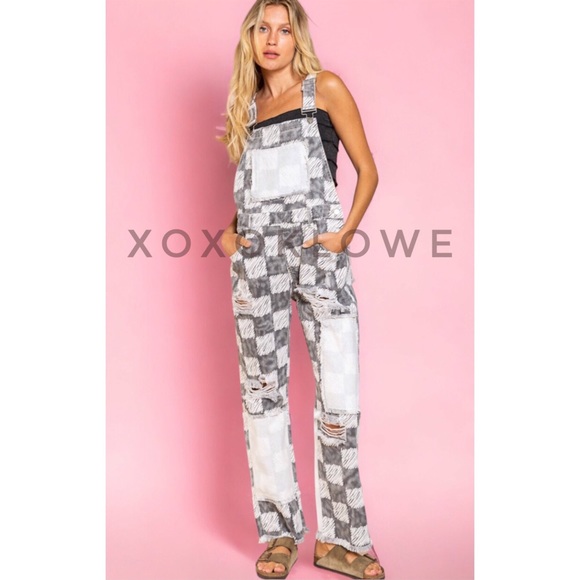 POL Black & White Checkerboard Distressed Overalls Premium Denim - Picture 3 of 13